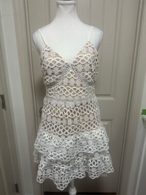 Just Me Cream Crochet Lace Mini Dress with Spaghetti Straps